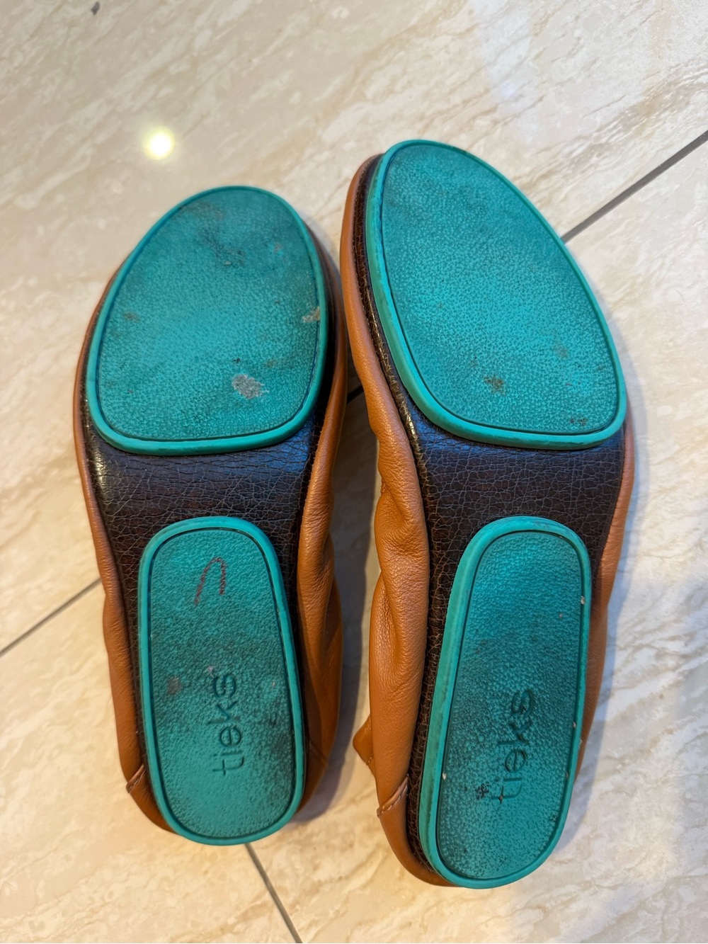 Tieks Brown Leather Ballet Flats with Teal Heel Tab - Picture 2 of 5